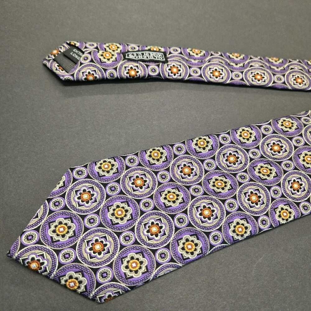 JZ Boulder X-Long Tie Purple Geometric Floral 64" x 3.5" All Silk Hand Made USA